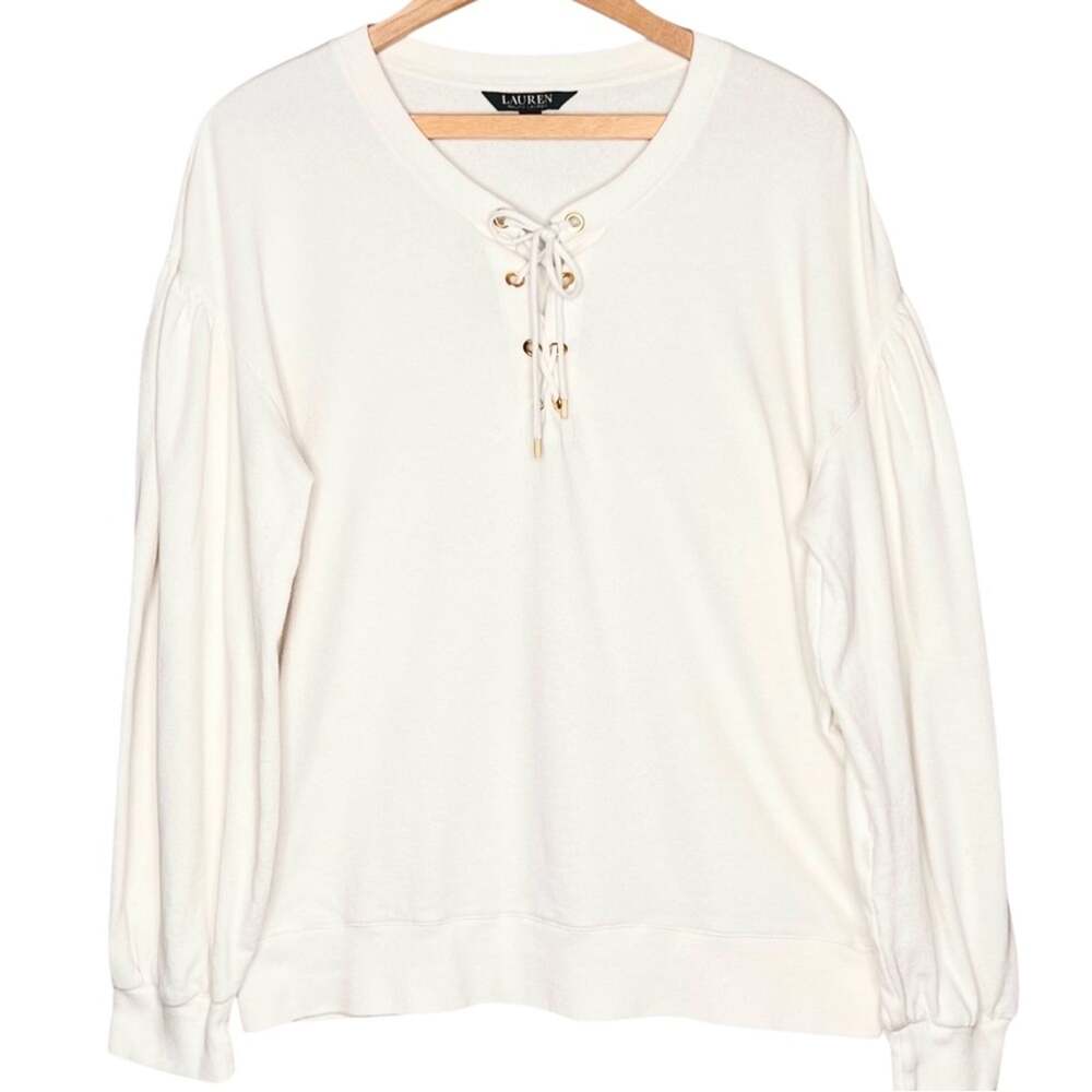 Lauren Ralph Lauren Lace Up Top L Ivory Gold Grommet Puff Sleeve Nautical Blouse